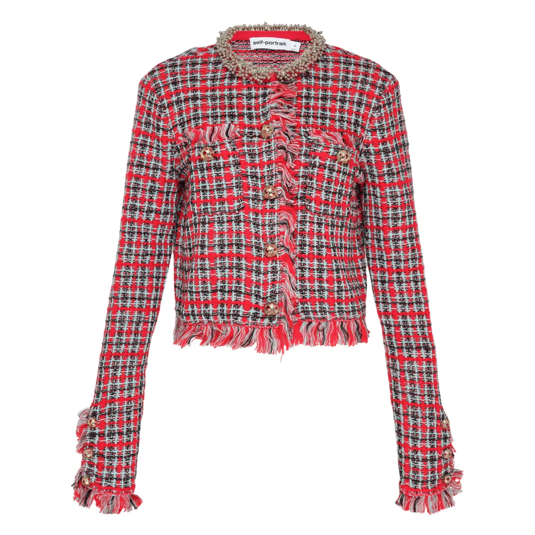 Red Check Frayed Knit Jacket - 1