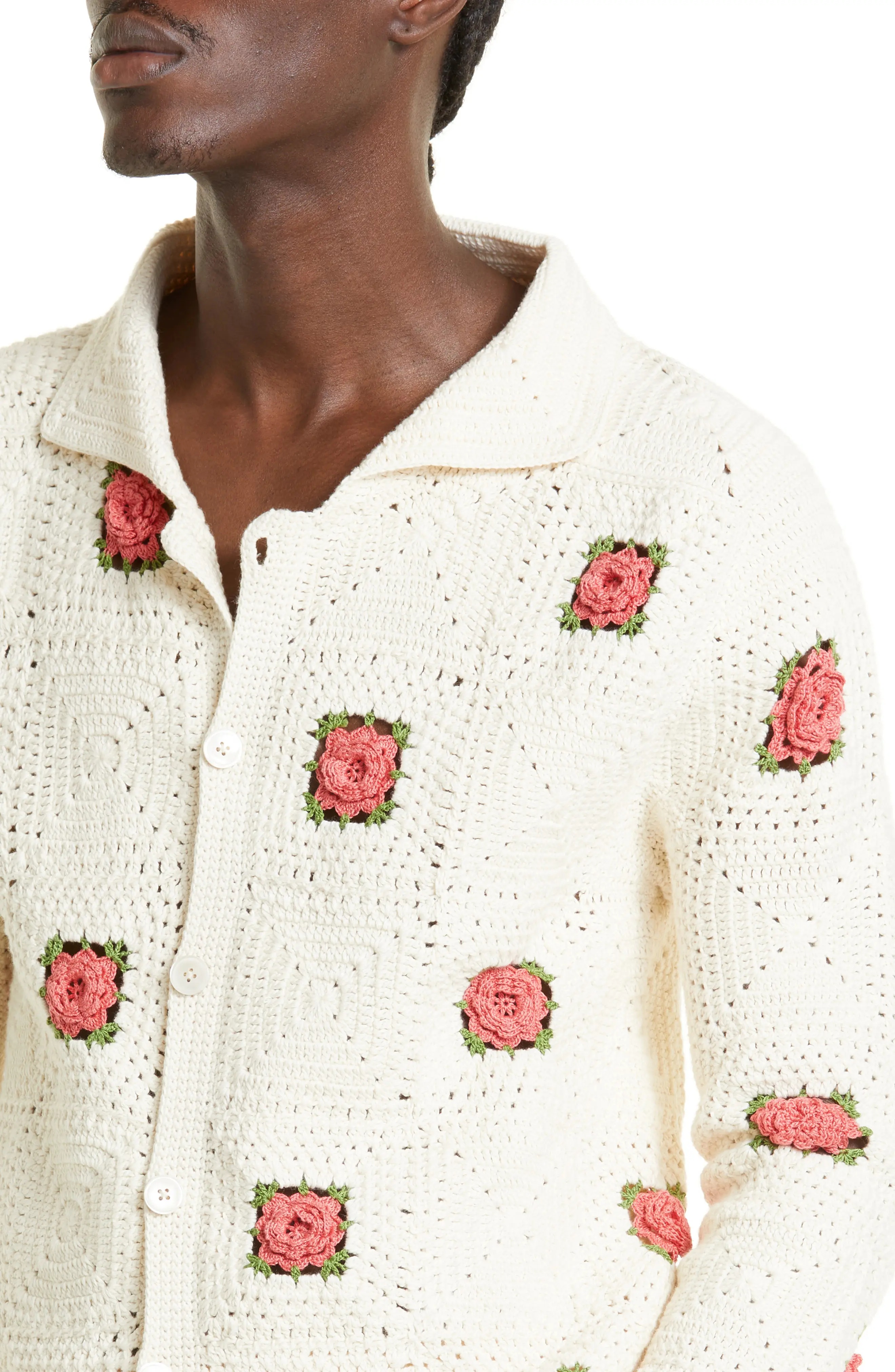 Rosette Crochet Cotton Button-Up Shirt - 5