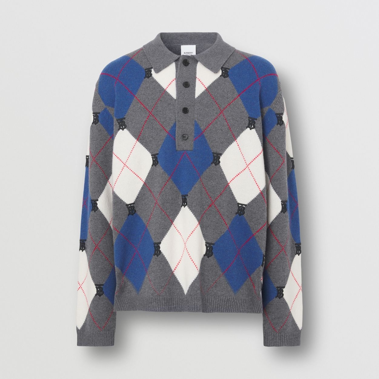 Long-sleeve Argyle Intarsia Wool Cashmere Polo Shirt - 1