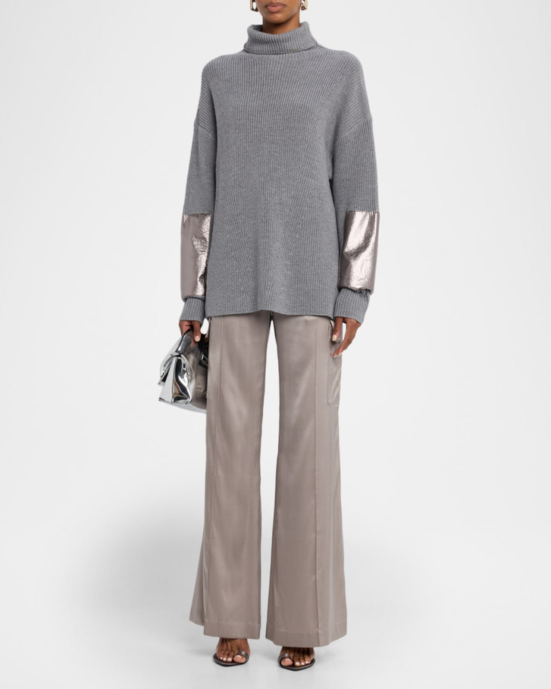 LAPOINTE Metallic Leather-Patch Merino Wool Turtleneck Sweater outlook