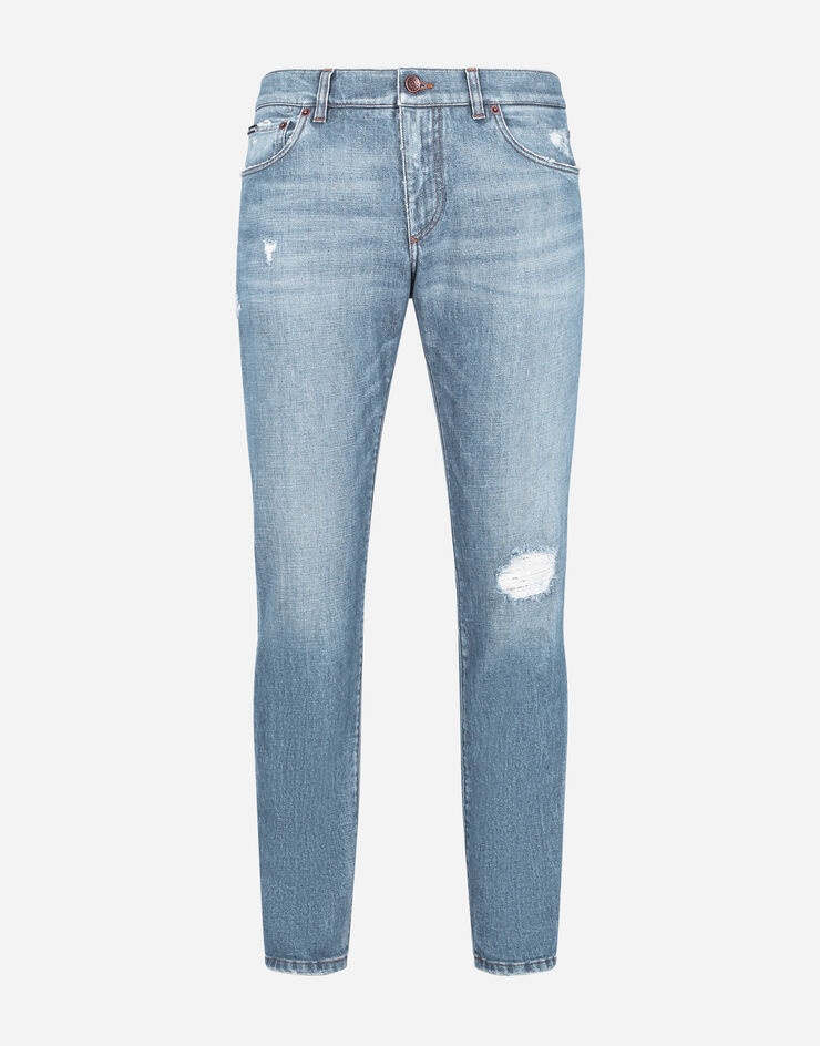 Light blue slim-fit stretch jeans with micro-rips - 3