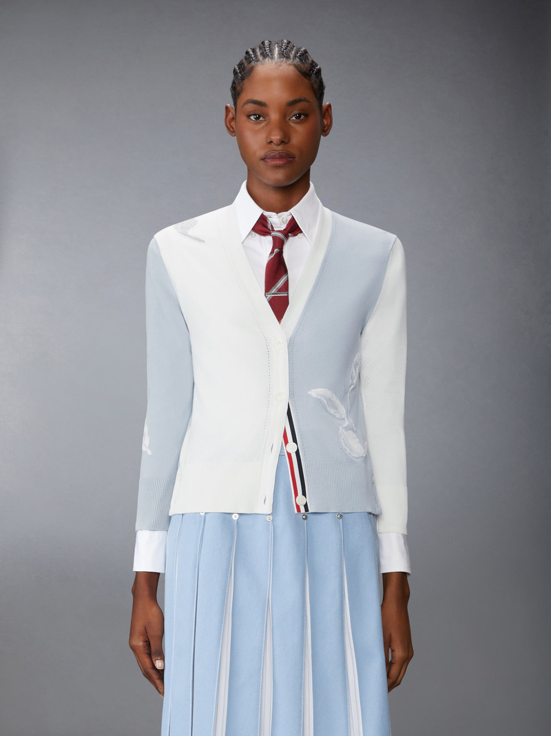 Thom Browne FUNMIX FEATHER INTARSIA POINTELLE RELAXED FIT V NECK CARDIGAN outlook