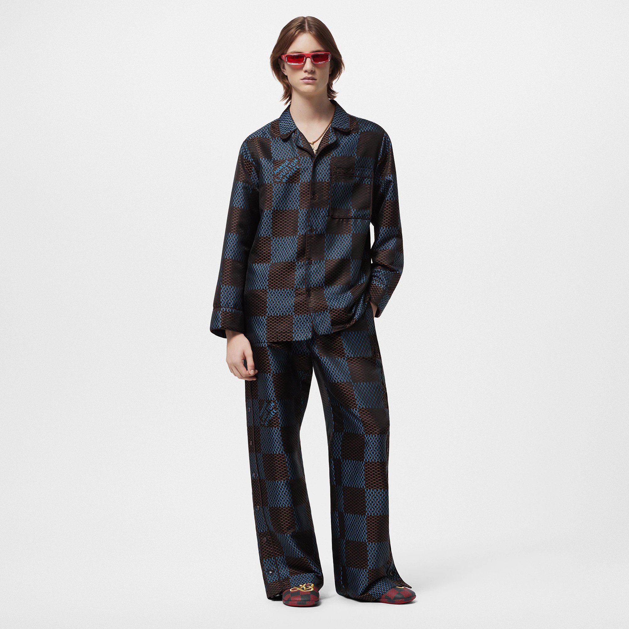 Long-Sleeved Damier Silk Pyjama Shirt - 4