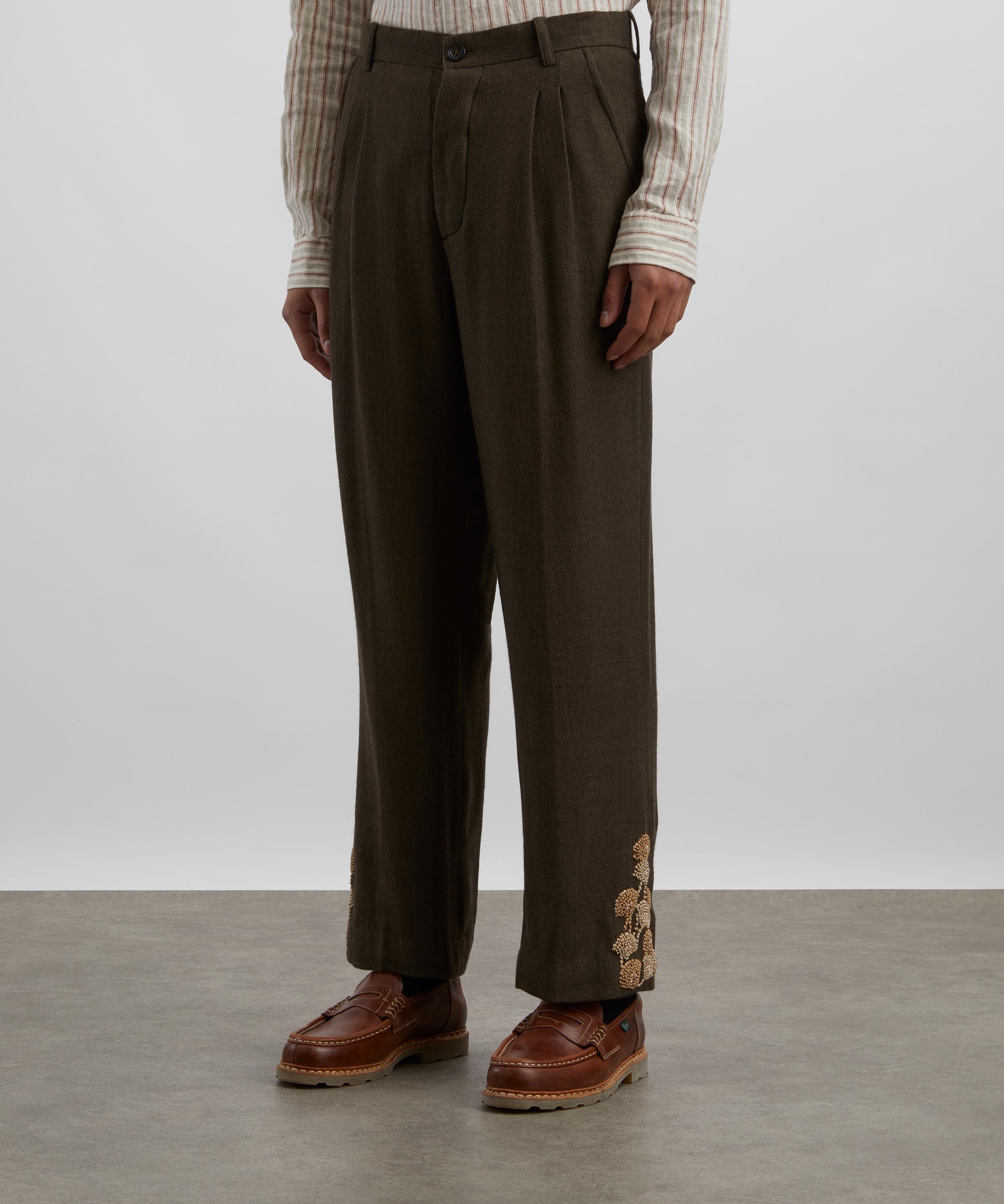 Khaki Double Pleat Hand-Embroidered Trousers - 3