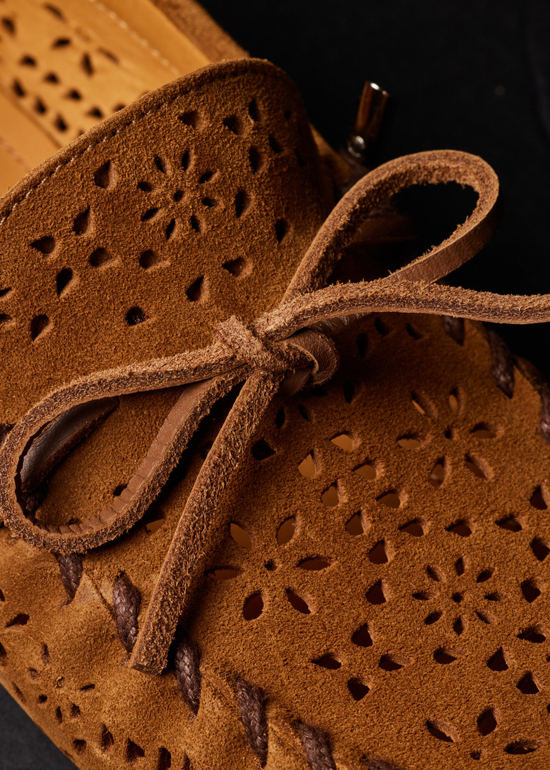 Women's Tan 'Sonna' Perforated Floral Suede Moccasins 6