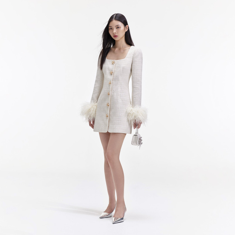 self-portrait Cream Boucle Feather Mini Dress - RS24-941S-C | REVERSIBLE