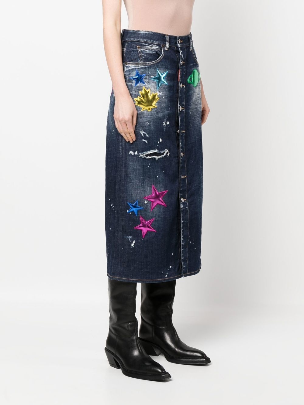 distressed patch-detail denim skirt - 3