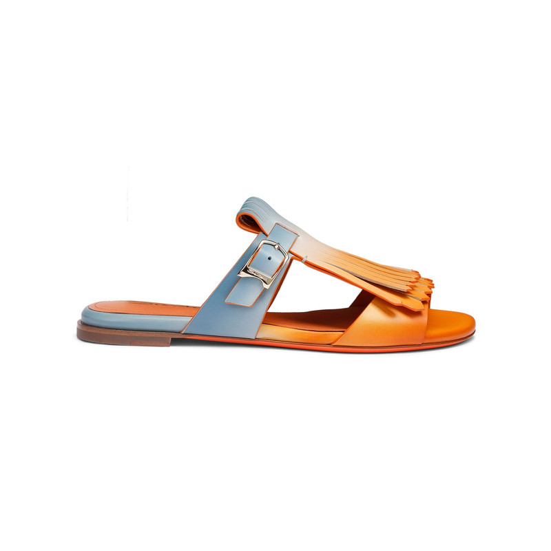 Women's orange and light blue leather Dua slide sandal with fringe 1