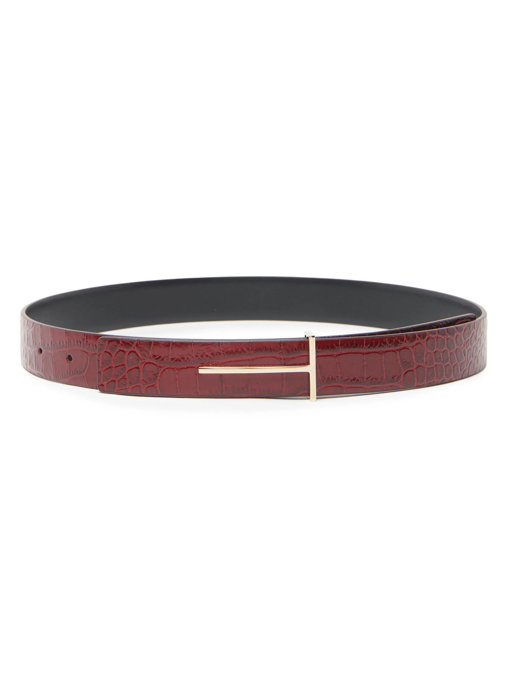 Women's Slim T Croc-Embossed Leather Belt - Ruby Red - 1