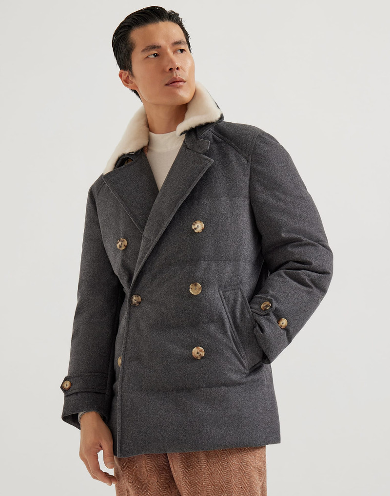Bonded wool flannel one-and-a-half breasted down jacket with detachable shearling collar 1
