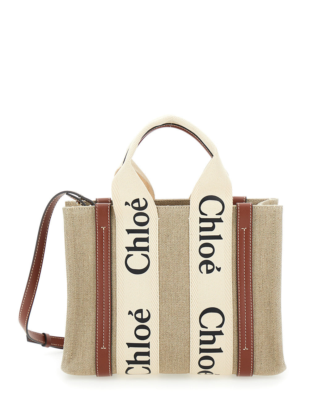 Chloé Women 'Woody' Brown Tote Bag With Branded Ribbons In Canvas And Leather Woman - 1