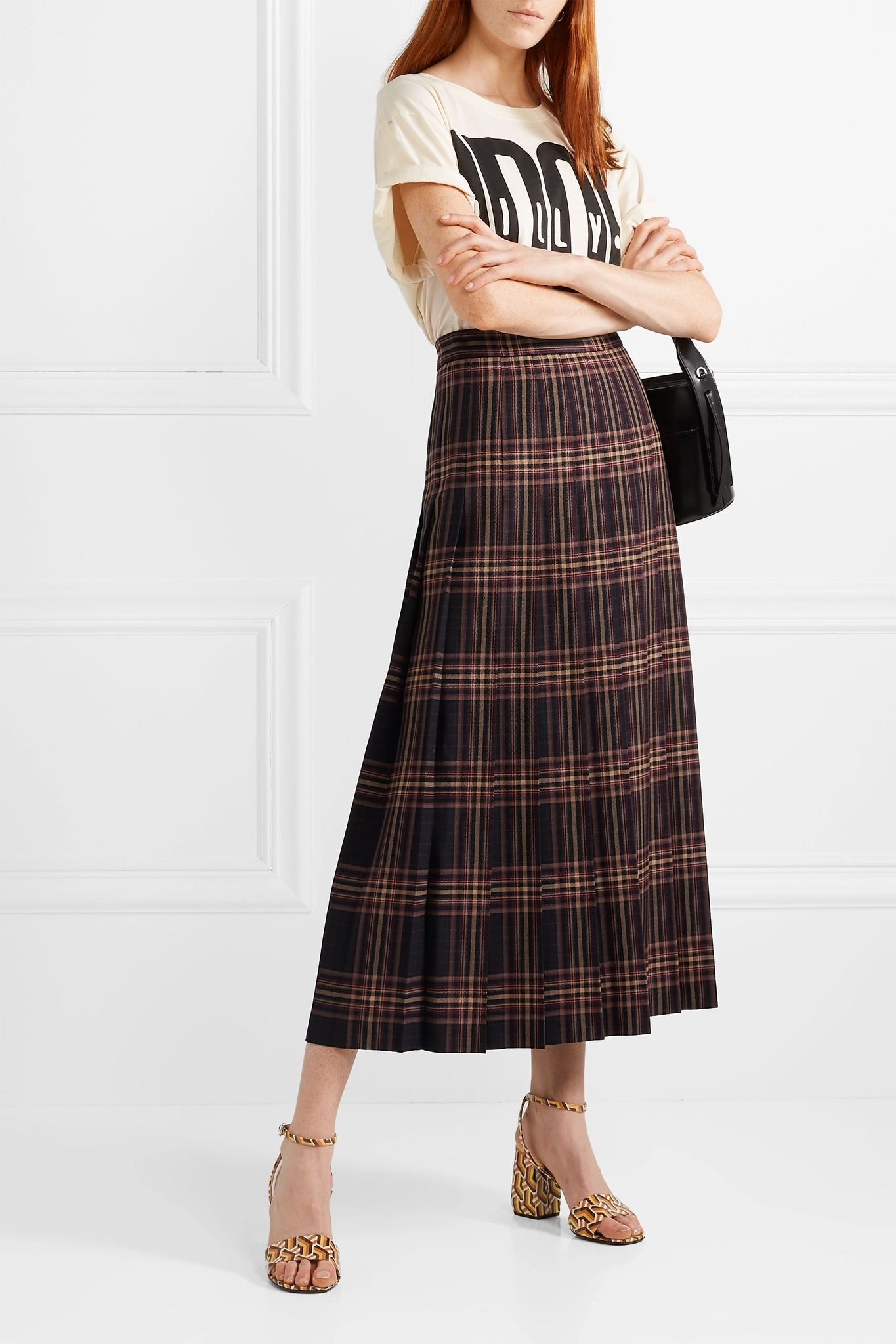 Pleated checked wool-twill midi skirt - 2