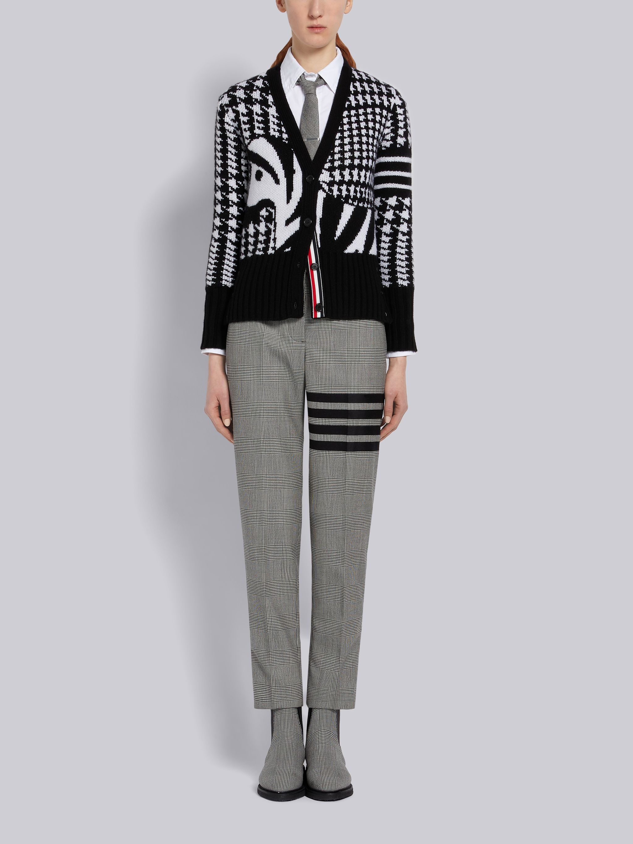 Black and White Cashmere Prince of Wales Zebra Icon Jacquard Classic V-Neck 4-Bar Cardigan - 4