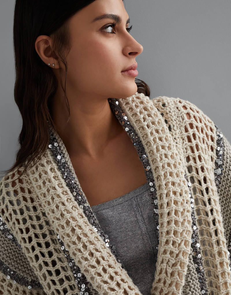 Dazzling stripe net knit cardigan in jute, linen, cotton and silk with belt 3
