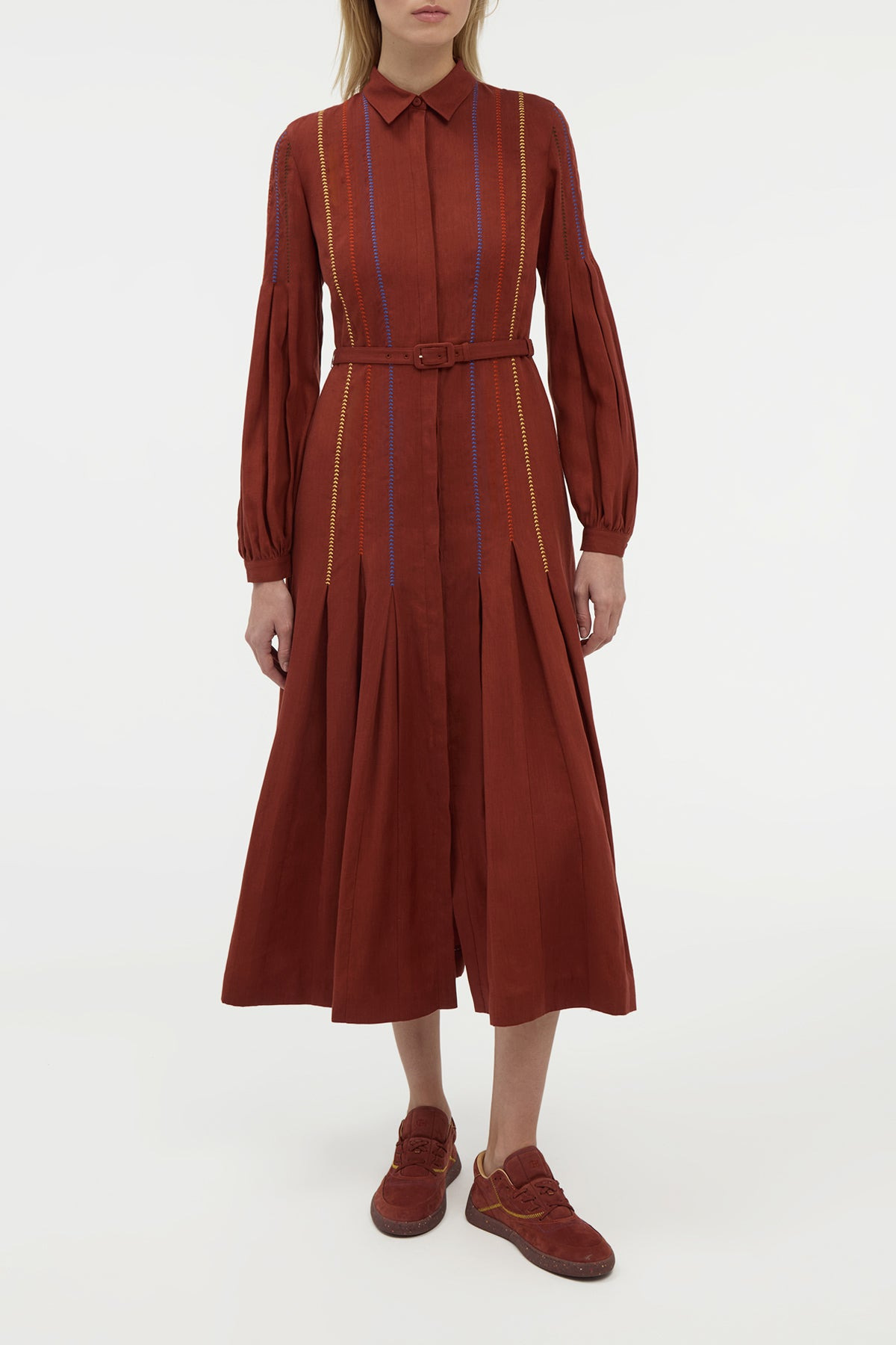 Aleka Pleated Midi Shirtdress in Burnt Sienna Multi Aloe Linen - 2