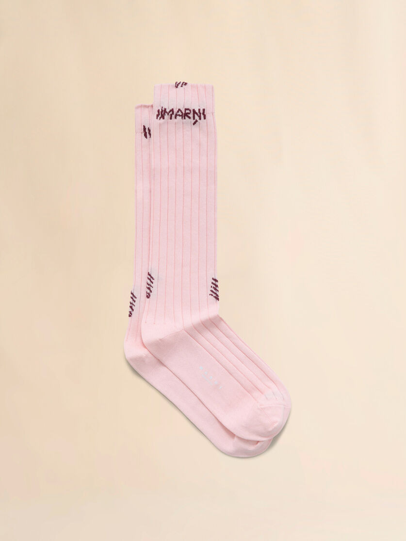 PINK RIBBED COTTON SOCKS WITH MARNI MENDING - 1