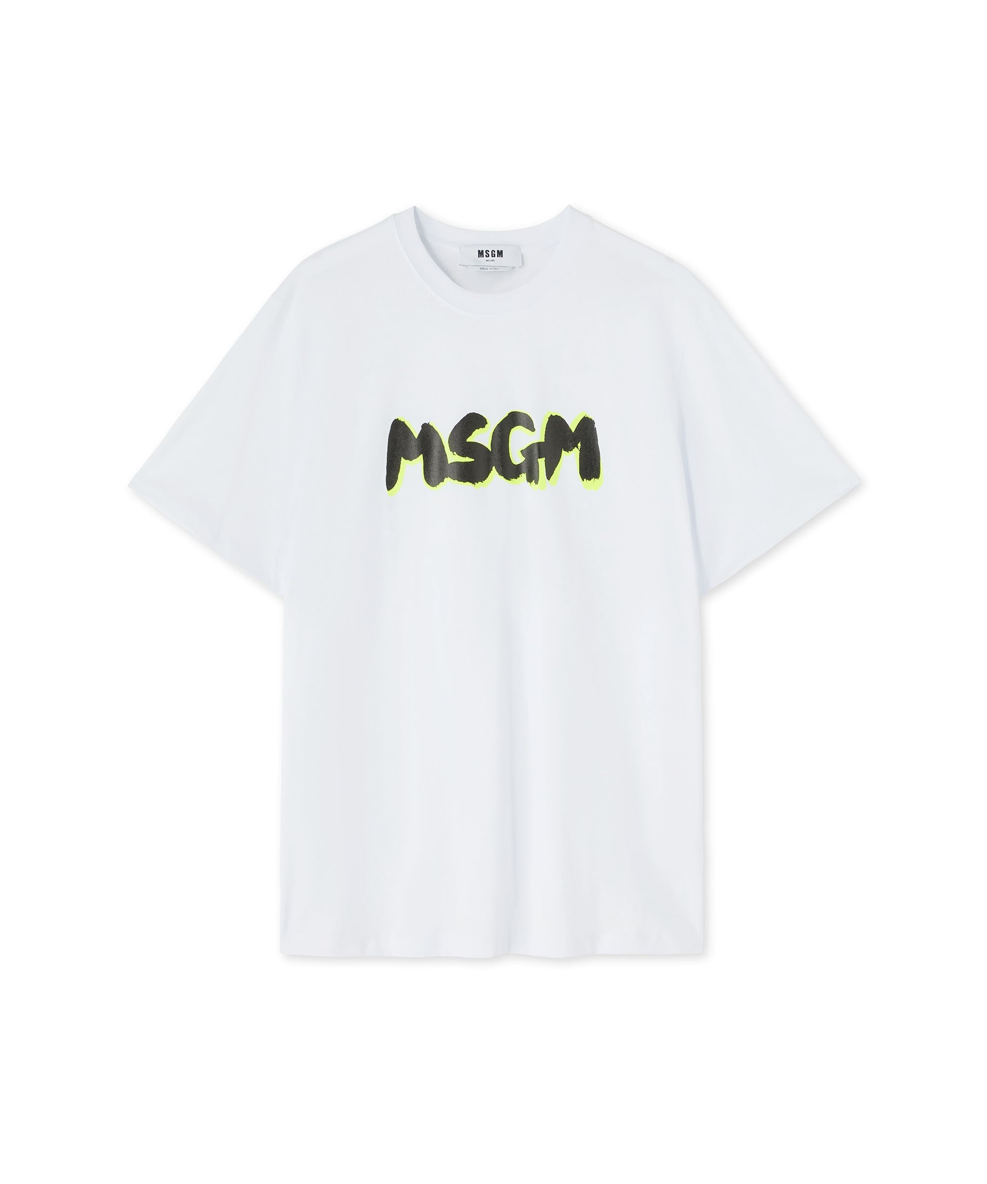 Cotton crewneck t-shirt with new brushed MSGM logo in fluorescent shade - 2