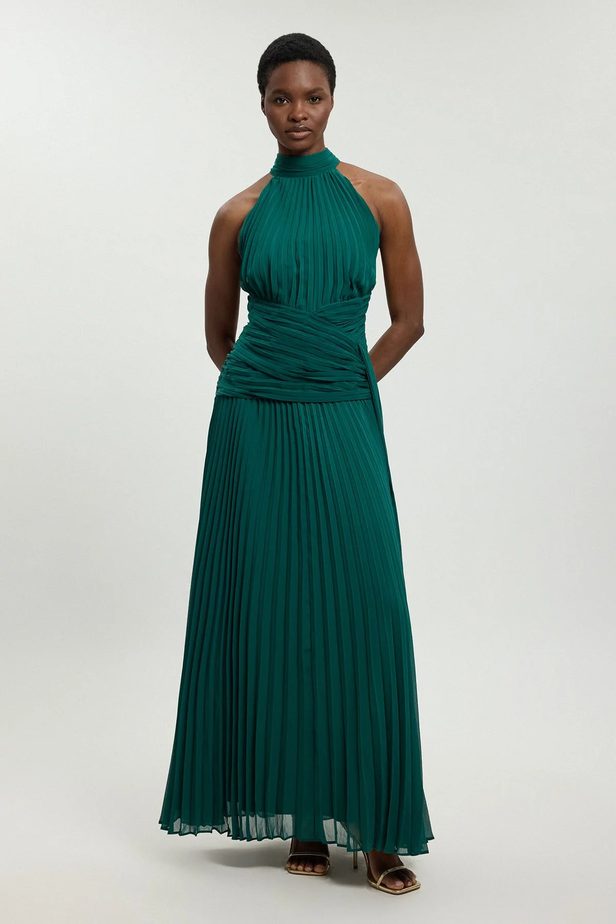 Pleated Twist Front Woven Halter Midi Dress - 1