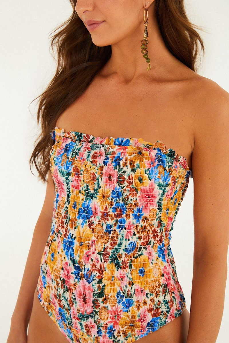 Multicolor Floraline Smocked Strapless One-Piece Swimsuit 4