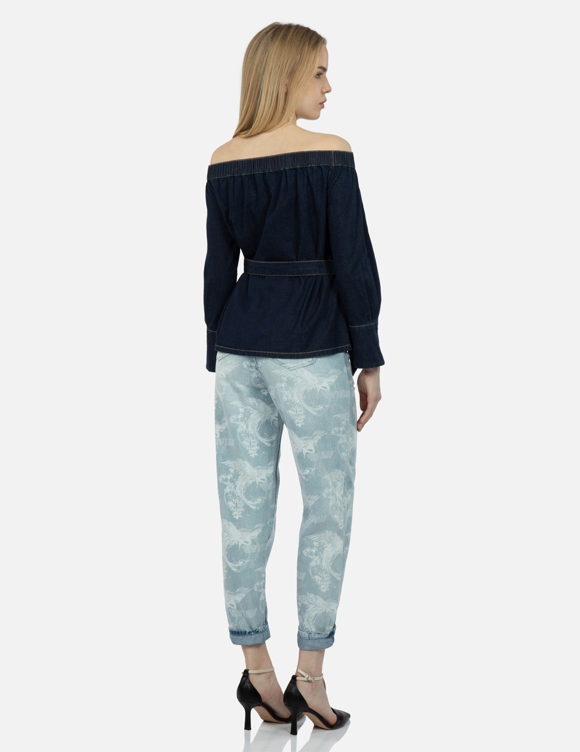 LOGO EMBROIDERY OFF-SHOULDER DENIM BLOUSE - 4