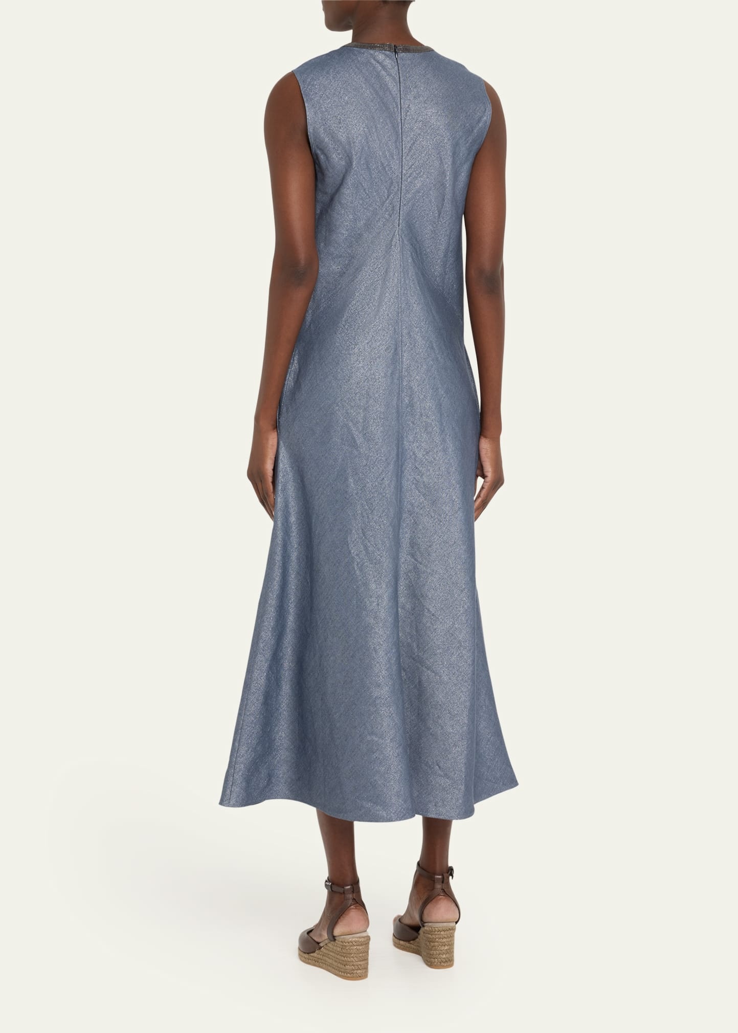 Shiny Long Linen Wool Twill A-Line Dress with Monili Neckline - 3