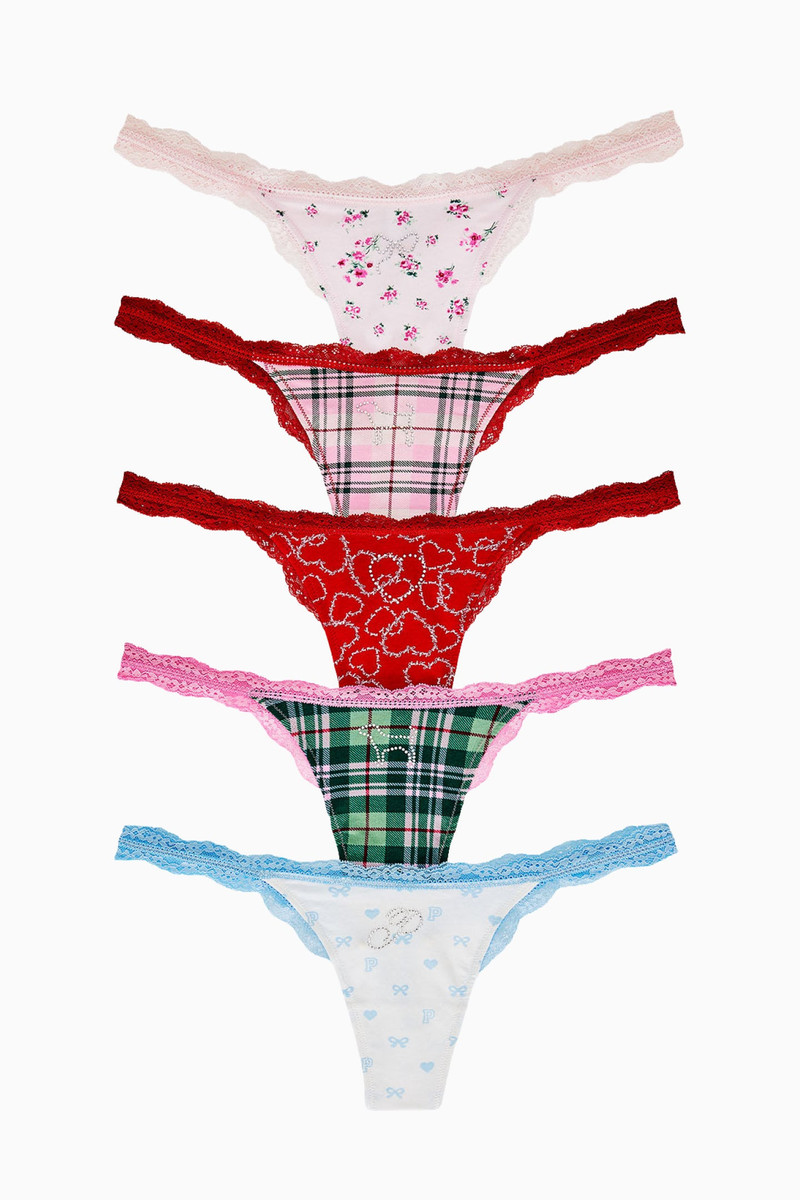 PINK x LoveShackFancy Wink Cotton Thong Panties - Pack of 5 1