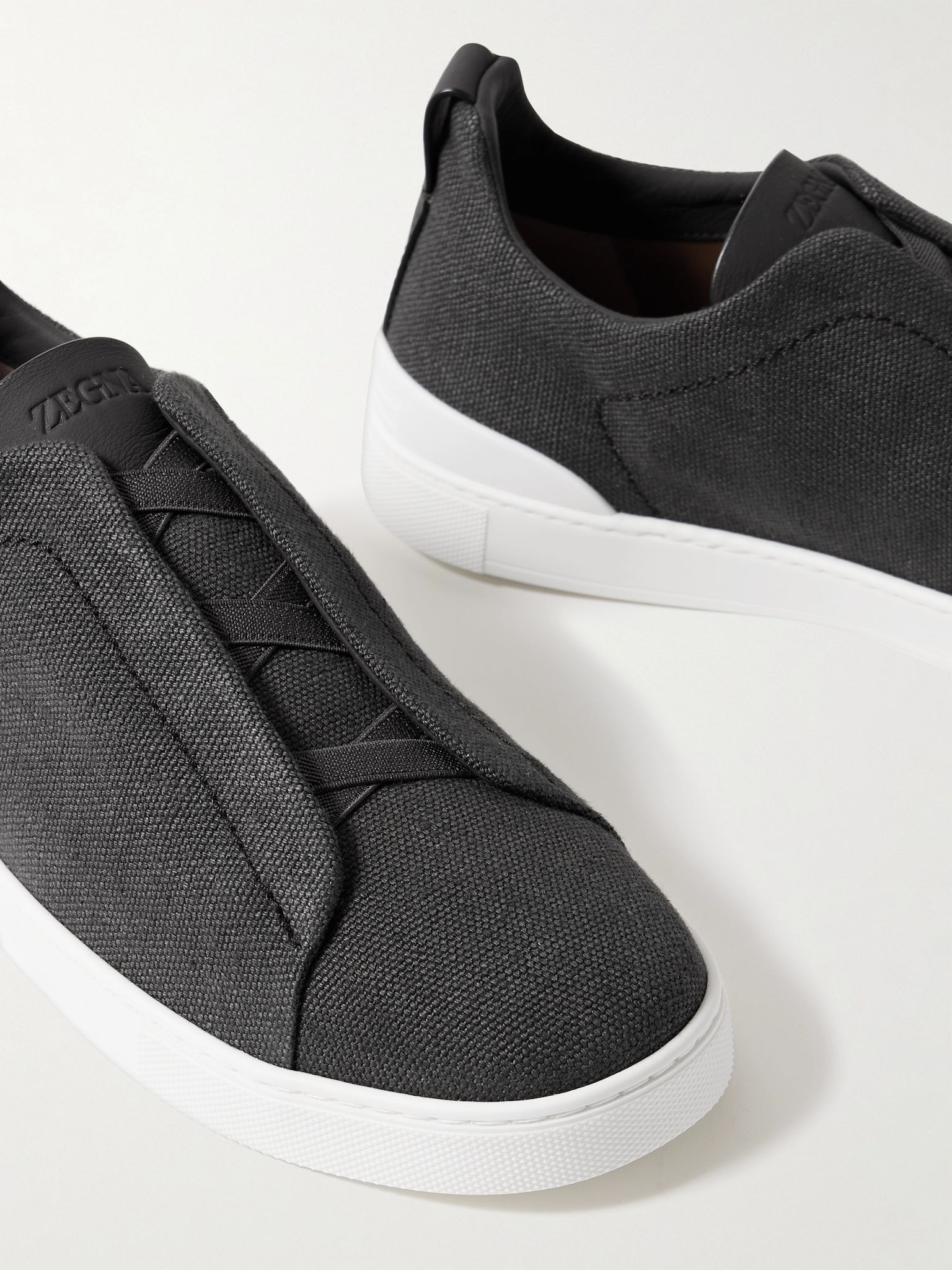 Triple Stitch™ Leather-Trimmed Linen-Canvas Slip-On Sneakers Gray - 5