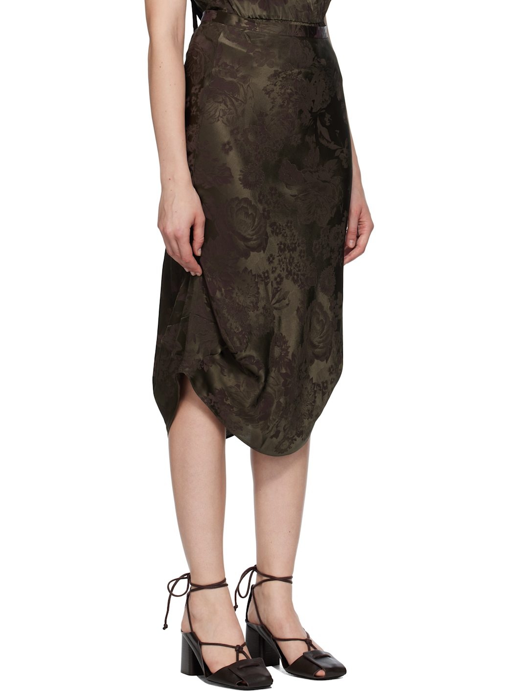 Khaki & Burgundy Floral Midi Skirt - 2