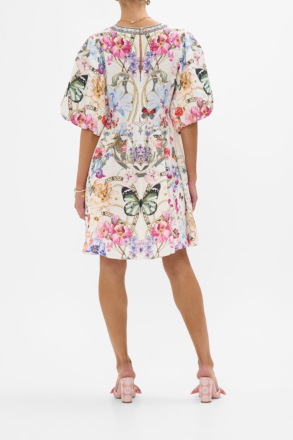 V NECK PUFF SLEEVE SHORT DRESS - 3