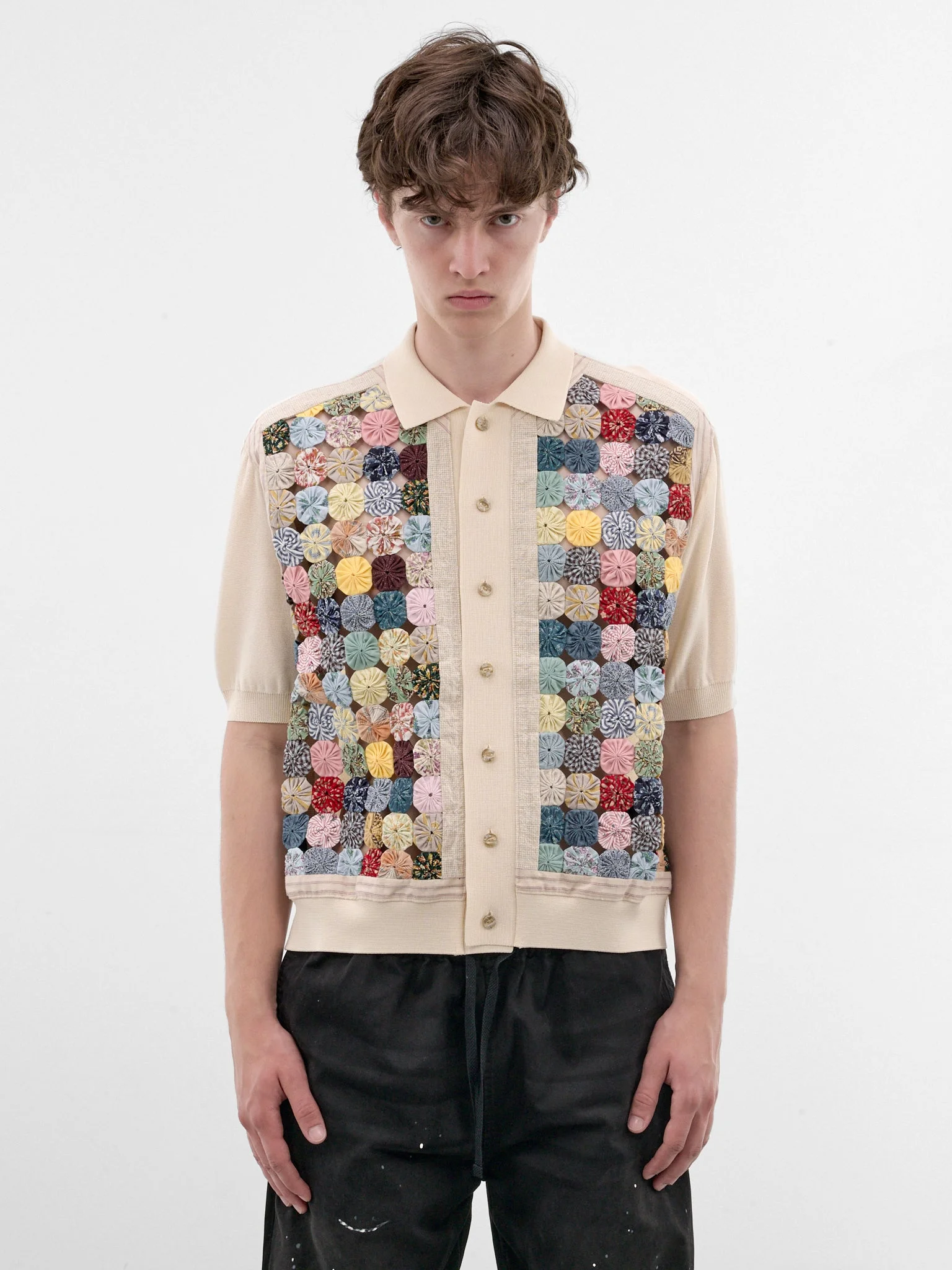 Ivory Rosette Patchwork Knit Polo - 1