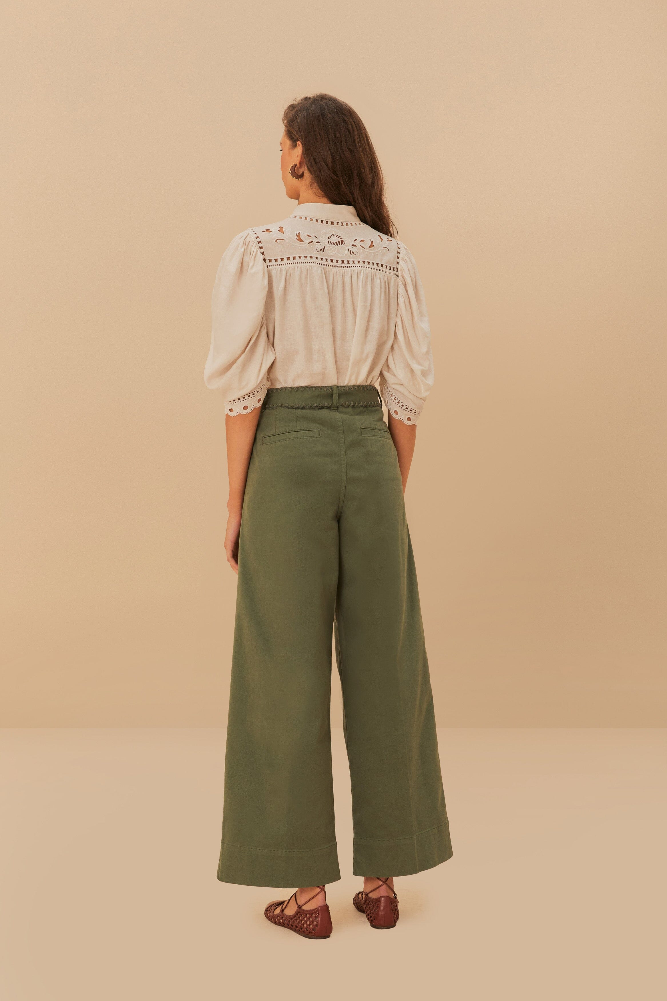 Green Twill Pleated Wide Pants - 4