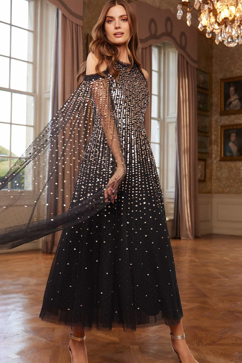 Needle & Thread Moonlight Sequin Cape Sleeve Ankle Gown outlook