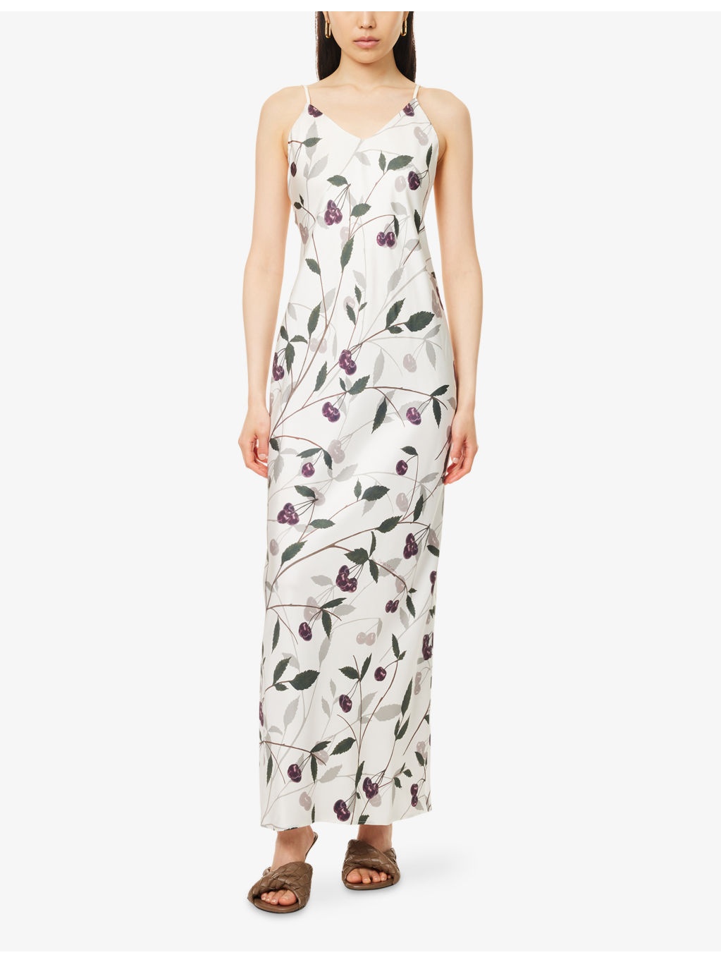 Cherry-Print V-Neck Silk Maxi Dress - 3