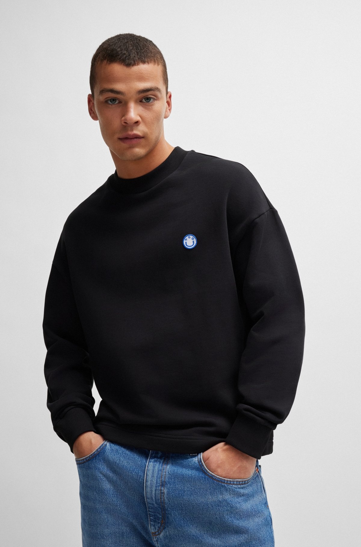 COTTON-TERRY SWEATSHIRT WITH HAPPY HUGO LOGO PATCH - 2