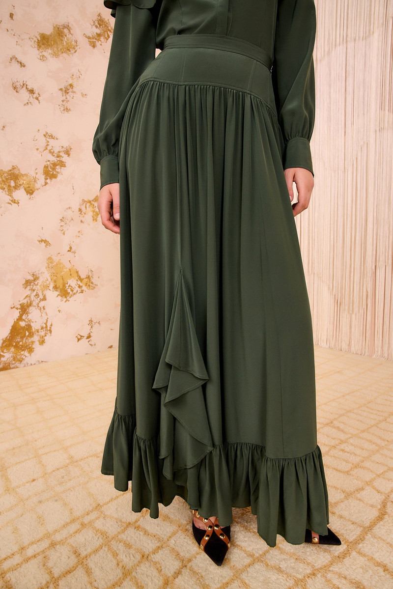 ULLA JOHNSON Lilou Silk High Waist Ruffle Midi Skirt outlook