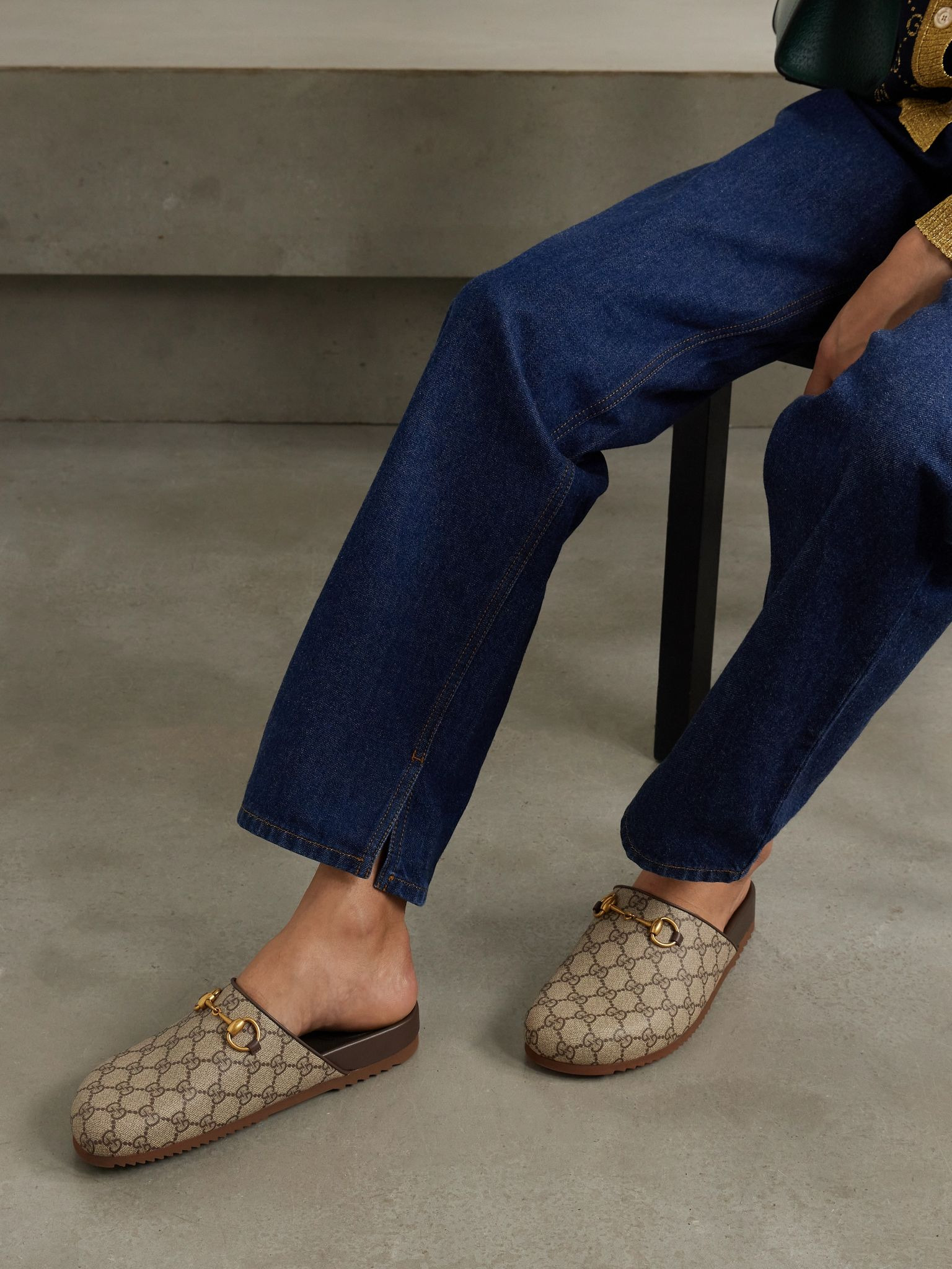 Sol embellished leather-trimmed canvas-jacquard slippers Beige - 2