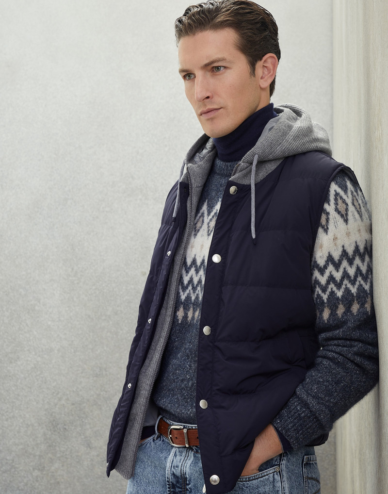 Bonded nylon down vest with knitted bib and detachable hood 4