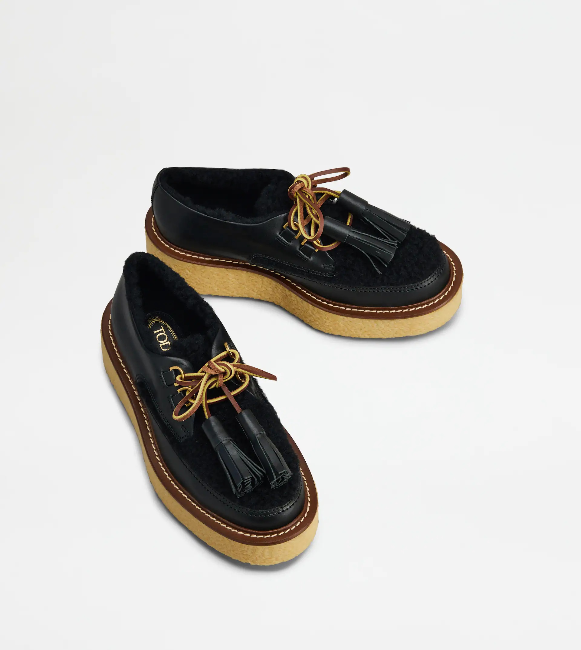 LACED PLATFORM LOAFERS IN LEATHER AND WOOL - BLACK - 3
