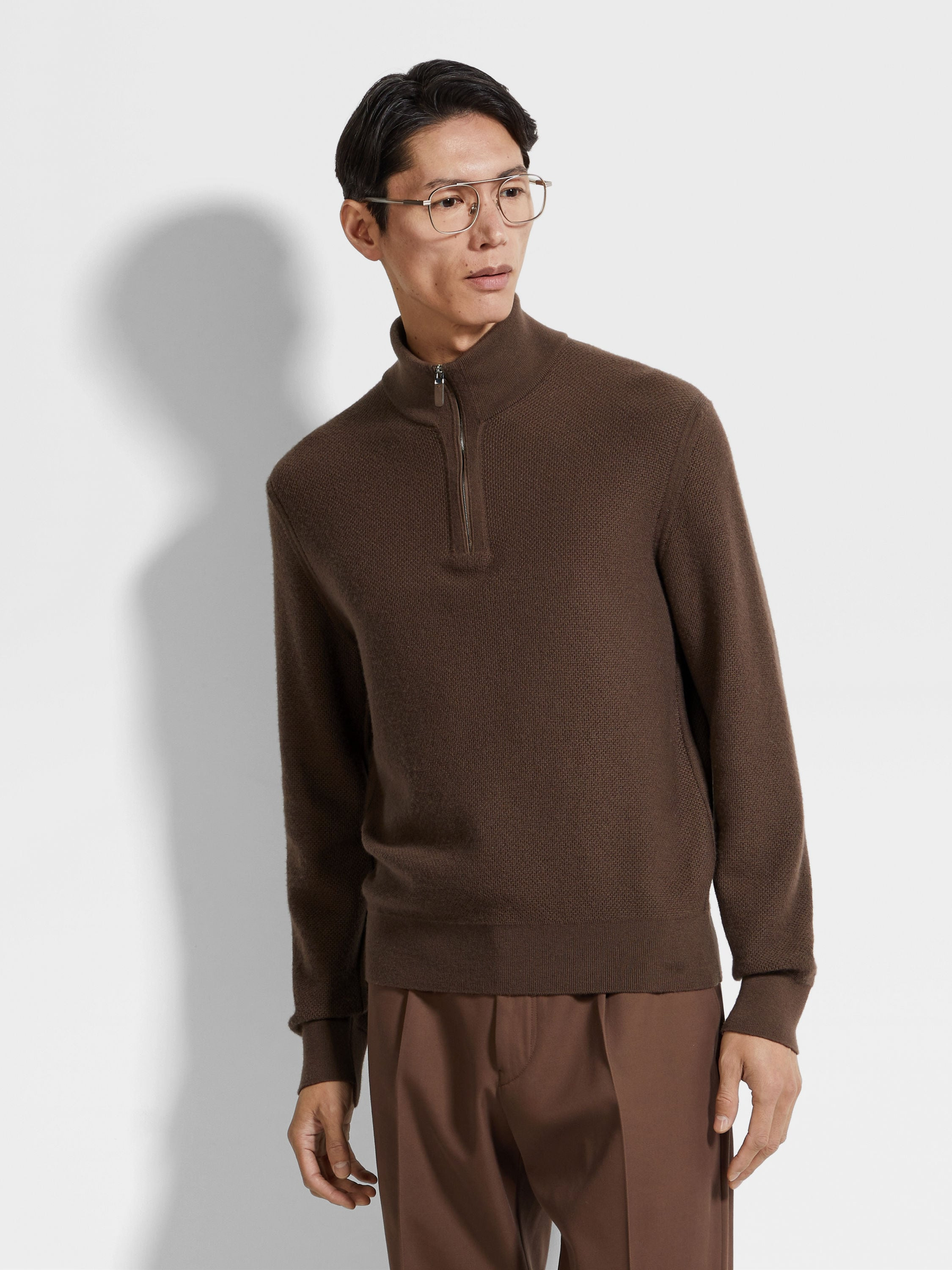 BROWN OASI CASHMERE ZIP MOCK NECK - 3