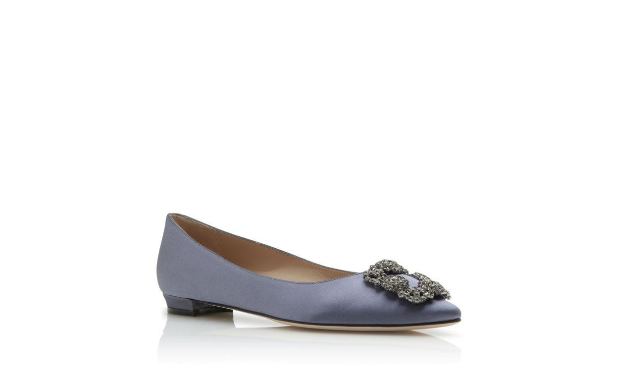 Grey Satin Jewel Buckle Flat Shoes - 3