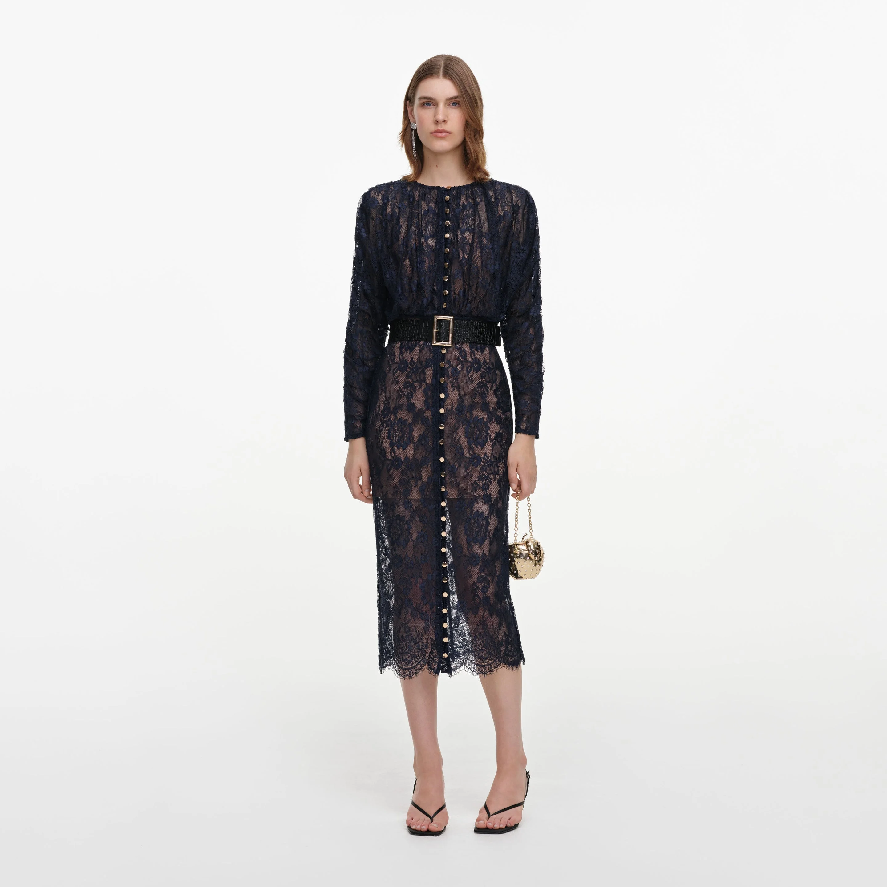 Navy Lace Button Midi Dress - 1