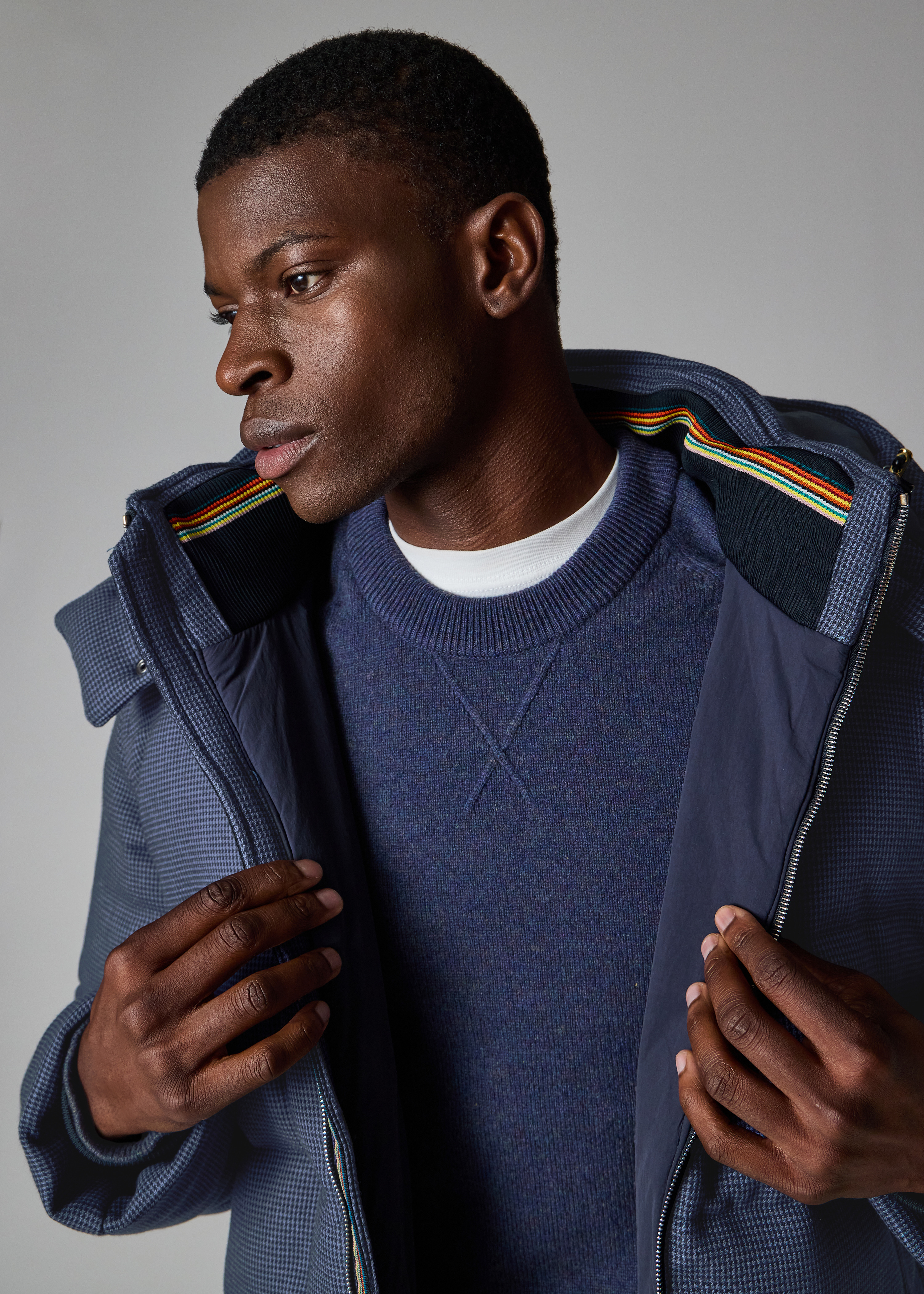 Navy Houndstooth Down Jacket with Detachable Hood - 9