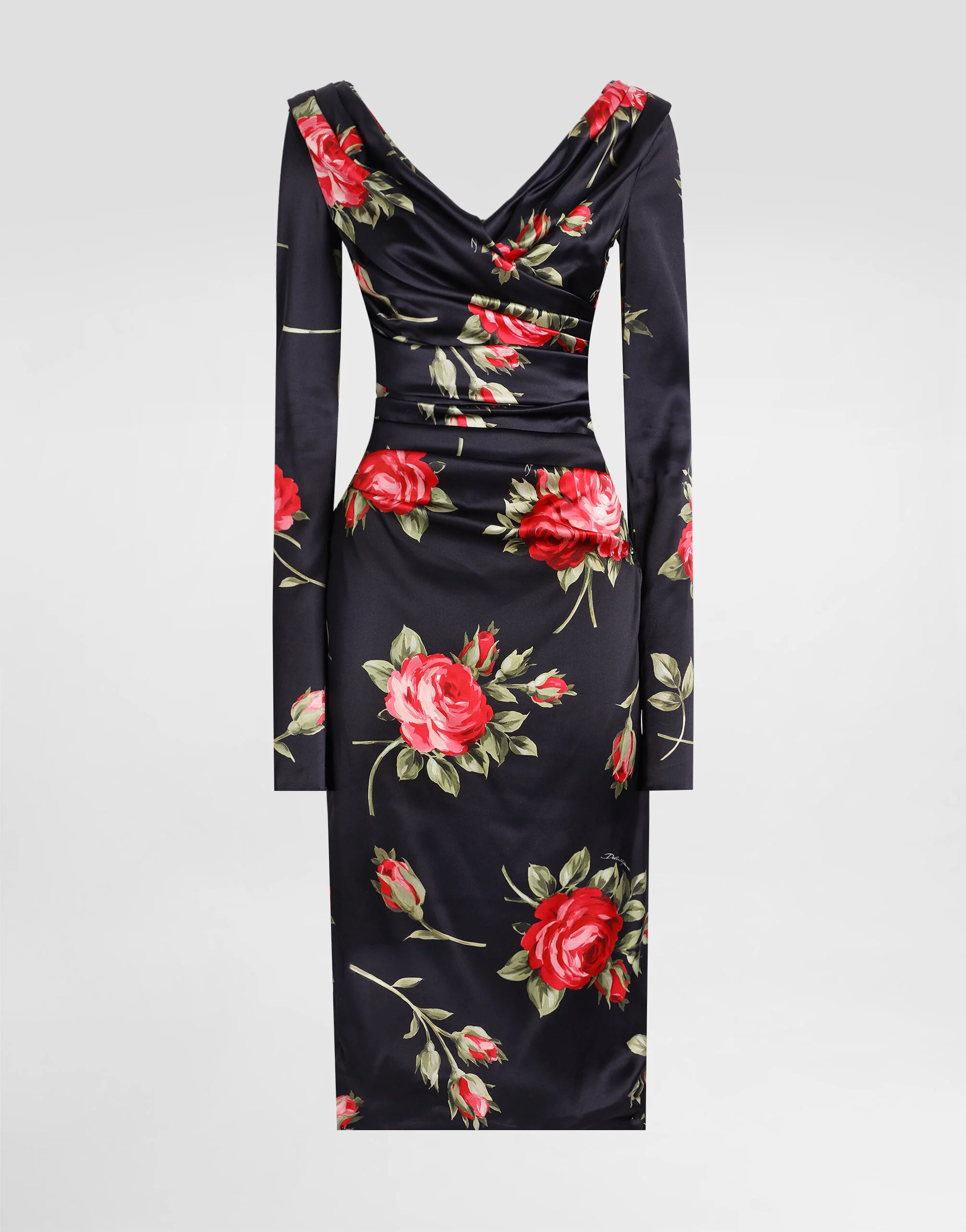 Rose bouquet-print draped satin dress - 1