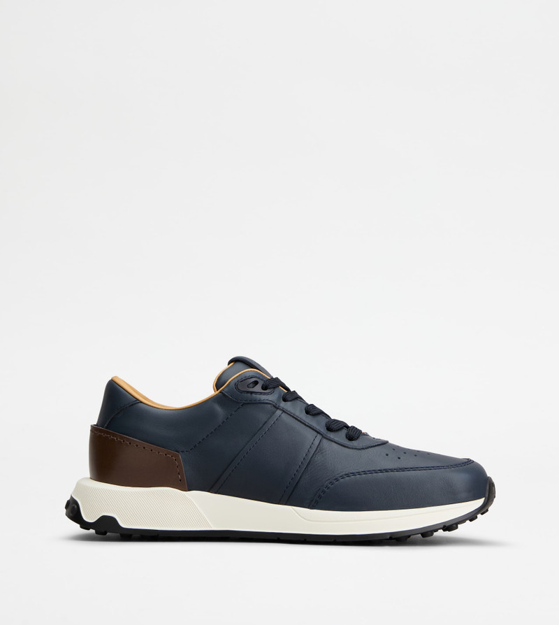 SNEAKERS IN LEATHER AND TECHNICAL FABRIC - BLUE, BROWN 1