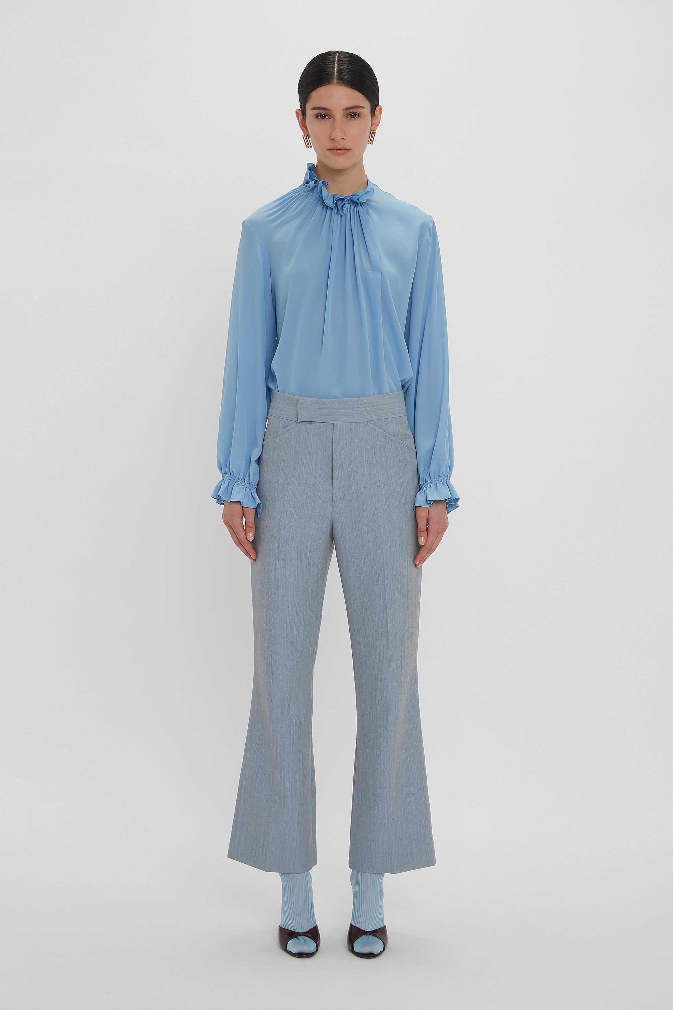 Exclusive Ruffle Neck Blouse In Cornflower Blue - 2
