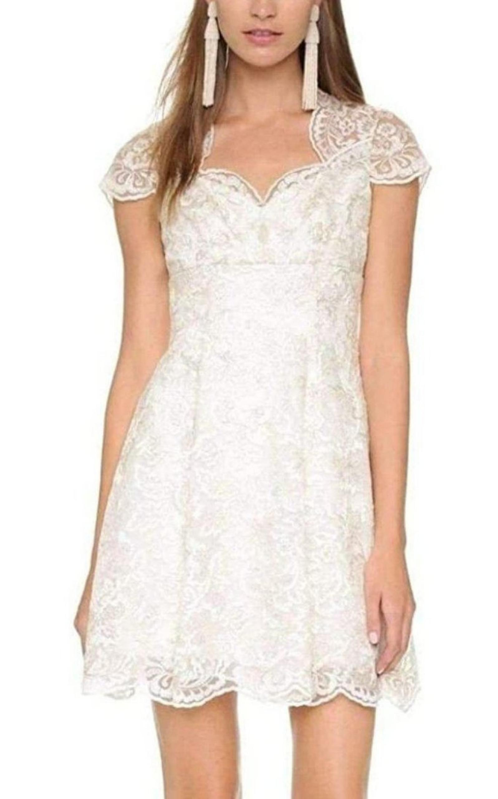 Marchesa Notte - White Metallic Lace Cap Sleeve Dress - 2