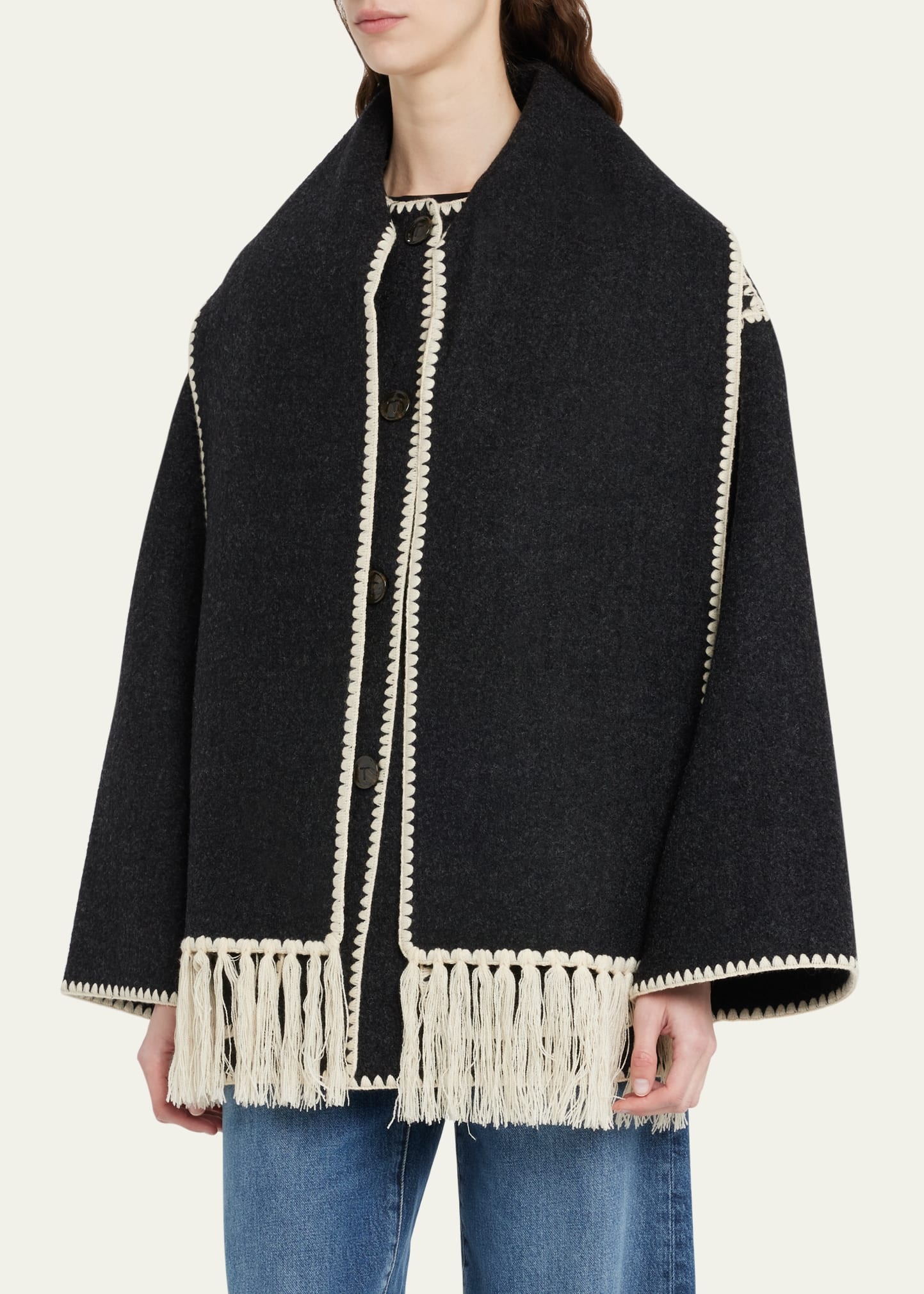 Embroidered Fringe Contrast-Trim Scarf Wool Jacket - 4