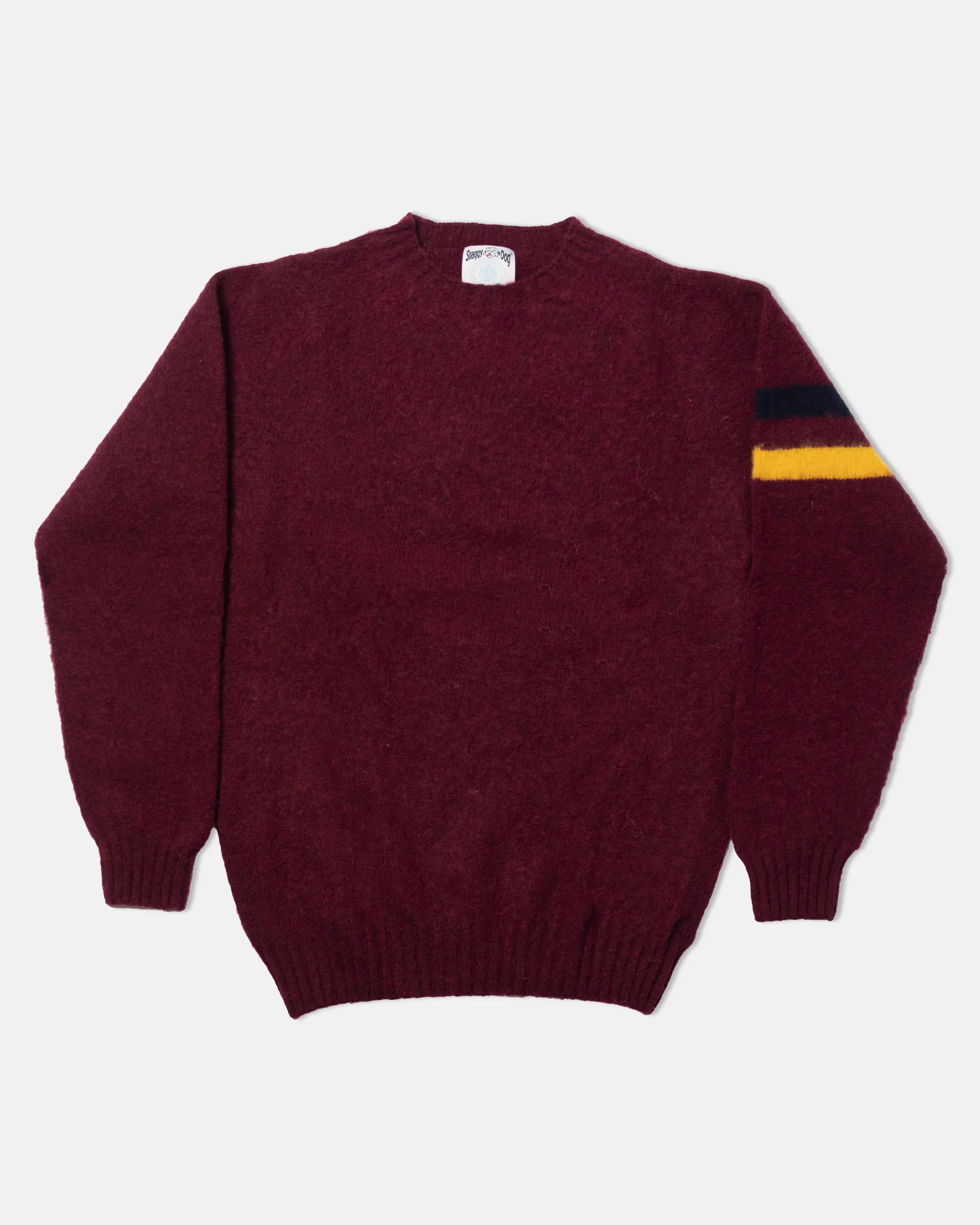 MADE-IN-SCOTLAND BURGUNDY SLEEVE STRIPE SHAGGY DOG SWEATER - TRIM FIT - 1