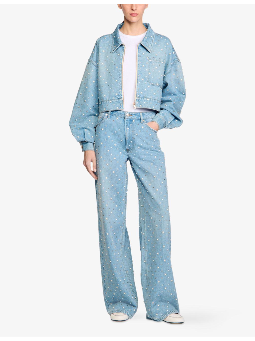 Rhinestone-Embellished Wide-Leg Mid-Rise Denim Jeans - 2