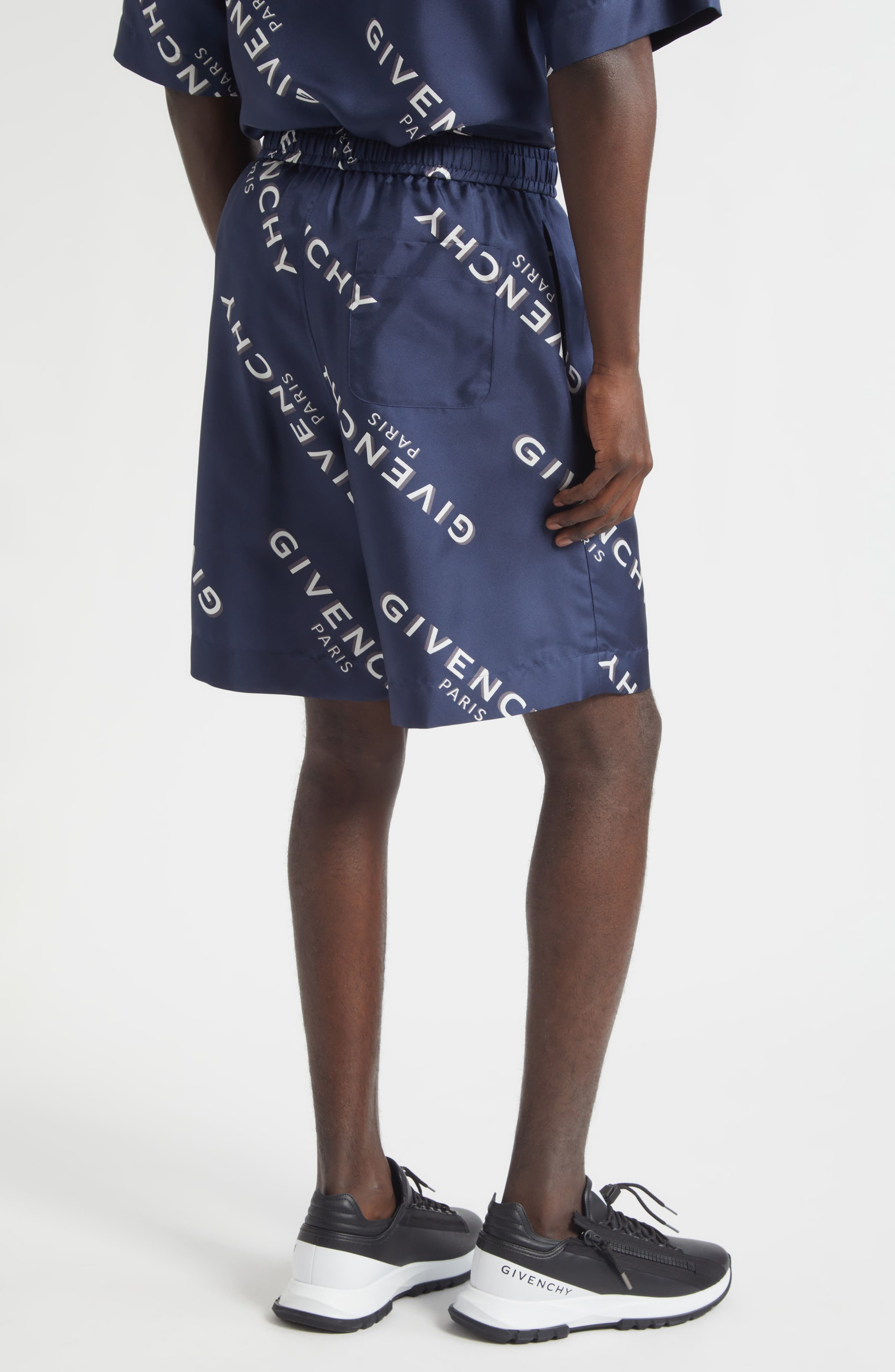 Givenchy Logo Print Elastic Waist Silk Shorts in Navy at Nordstrom - 3